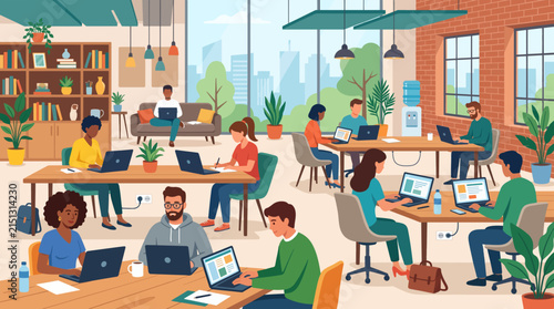 Open-plan Office Buzz: A vibrant open-plan office teems with a diverse group of professionals working collaboratively on laptops, fostering a dynamic and productive atmosphere.