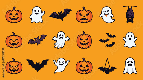 Spooky Halloween Icons: A vibrant collection of cheerful and spooky Halloween-themed icons, including smiling pumpkins, playful ghosts, and silhouetted bats, set against a festive orange background.