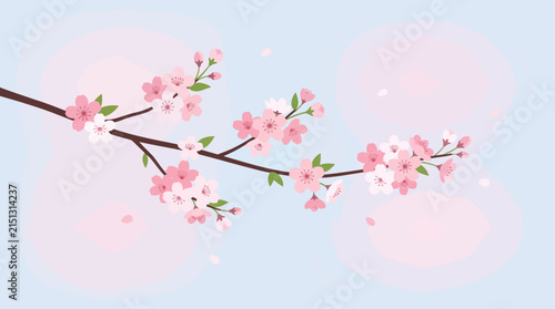 Cherry Blossom Branch in Bloom: Delicate pink cherry blossoms adorn a sturdy branch against a soft, pastel blue sky, creating a serene and tranquil scene that embodies the beauty of spring.