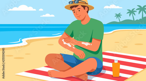 Sunscreen Application on Beach: A man wearing a straw hat and sunglasses applies sunscreen to his arm while sitting on a striped towel on a sandy beach.