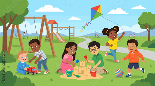 Children's Playground Fun: A vibrant illustration depicts diverse children joyfully playing together on a sunny day, building sandcastles, flying kites, and enjoying various playground activities.