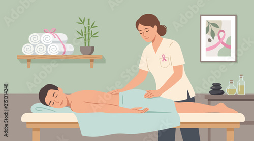 Massage Therapy in a Serene Setting: A male client reclines on a massage table while a therapist applies gentle pressure, surrounded by calming decor including stacked towels, bamboo.