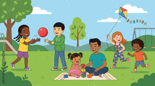 Children's Park Playtime: A vibrant illustration depicts a group of diverse children joyfully engaging in various activities at a sunny park, including playing with a ball, building blocks.