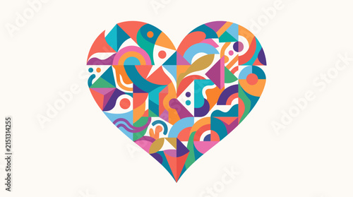 Colorful Heart Mosaic: A vibrant heart shape is composed of an intricate mosaic of abstract geometric shapes and organic patterns in a playful, multicolored design.