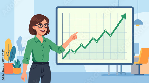 Business Growth Presentation: A confident businesswoman in a green shirt and dark pants stands beside a whiteboard displaying a rising graph, illustrating business growth and success.