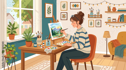 An artist in her cozy studio paints a landscape on an easel by the window, surrounded by plants and art supplies, evoking a sense of peace and creativity