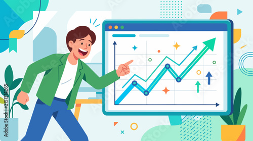 Business Growth Analytics: A delighted businessman points to a rising bar chart on a screen, symbolizing success and financial progress.