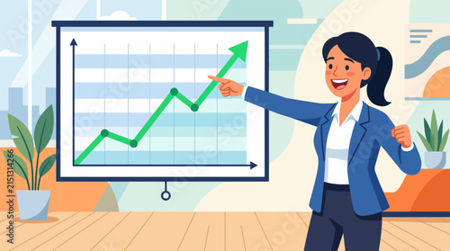 Business Growth Presentation: A woman enthusiastically presents a growing financial chart on a projector screen, symbolizing business progress and success in a modern office setting.