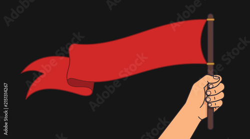 Hand Holding Red Flag: A solitary hand firmly grips a wooden pole, raising a flowing red flag against a stark black backdrop, a symbol of protest or declaration.
