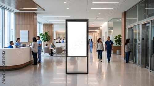 Blank vertical digital signage display standing in a modern hospital lobby with medical staff and patients.