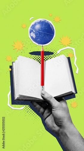 creative collage of a hand holding a book with a globe and red pencil concept of global learning