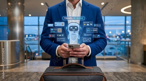 Man holding smartphone displaying travel ai guide interface in airport lobby