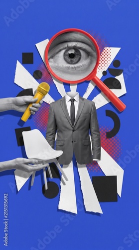 surreal collage art of faceless business suit with magnifying glass and microphone elements