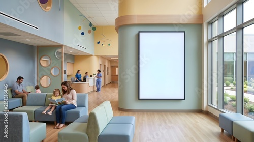 Modern pediatric clinic waiting room with a large blank poster frame for advertisement.