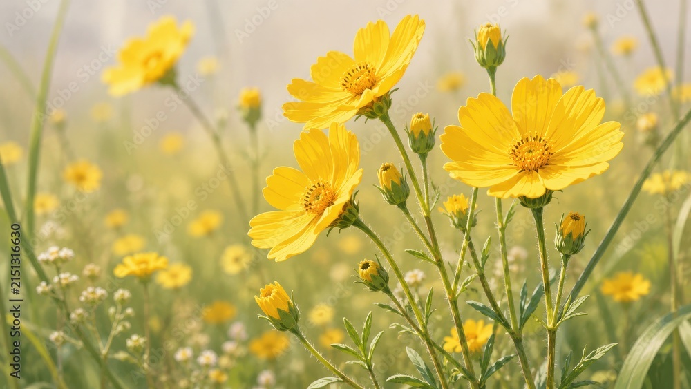 Fototapeta premium Bright yellow wildflowers bloom in a sunlit meadow on a warm summer day