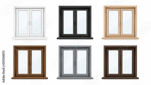 Collection of modern casement windows in various frame colors and materials