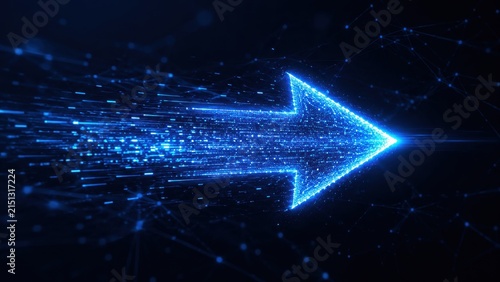 Glowing blue digital arrow formed from particles moving forward