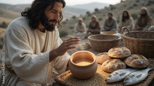 Jesus blessing five loaves and two fish beside a narrow household grain jar nearly empty before the miracle