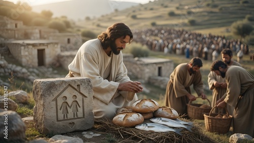 Jesus blessing five loaves and two fish beside a small stone marked with a family house sign