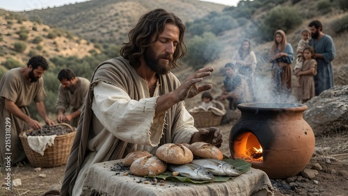 Jesus blessing five loaves and two fish beside a small household clay stove carried outdoors