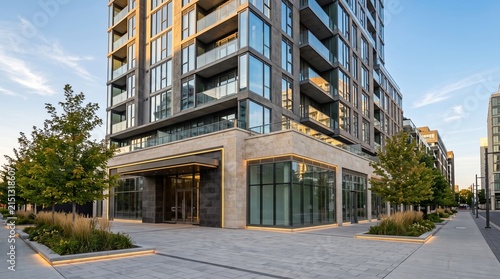 Modern mixed-use urban building with retail shops and luxury apartments at street level