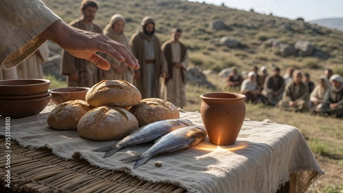 Jesus blessing five loaves and two fish beside a single clay cup from a humble family table