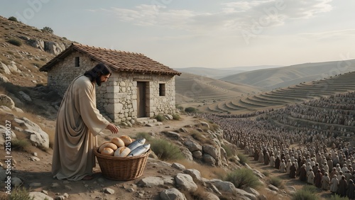 Jesus blessing a modest basket of five loaves and two fish beside a tiny hillside home