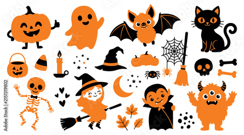 Foto Cute collection of halloween themed vector illustrations featuring funny charact
