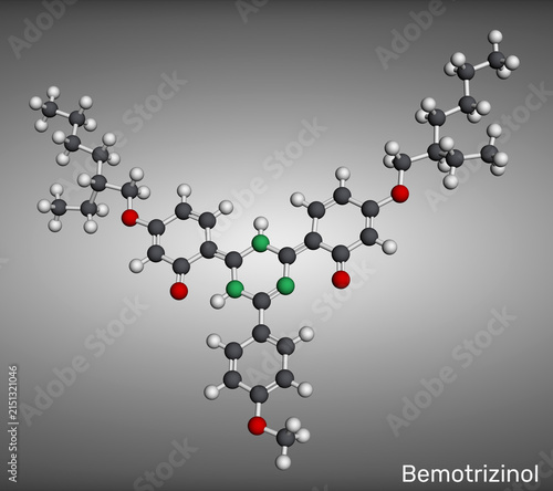 Bemotrizinol molecule. UV filter for sunscreen protection, photostability and broad-spectrum UV screening. 3D render