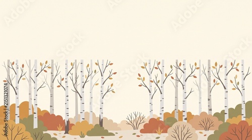 白樺とくすみ紅葉を描いた静かな北欧の秋森林イラスト