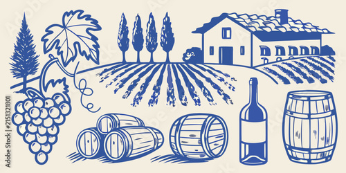 Blue vineyard scene with farmhouse grape vines and wine barrels illustration