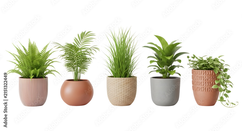 Fototapeta premium Collection of five distinct indoor potted green plants in minimalist ceramic pots isolated on a clean transparent background