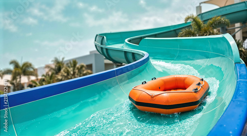 Bright orange inflatable raft sliding down turquoise water slide channel in outdoor waterpark resort. Empty tube floating on splashing water, summer vacation attraction and aquapark fun concept