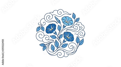 Elegant blue morning glory flowers and ornamental swirling clouds in a circular floral composition