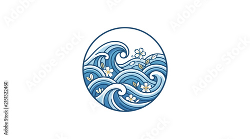 Elegant circular Japanese style ocean waves illustration with delicate white blossoms and swirling blue water for nature design