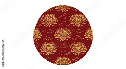 Traditional Oriental Pattern with Golden Lotus Flowers and Auspicious Clouds on Red Circular Background