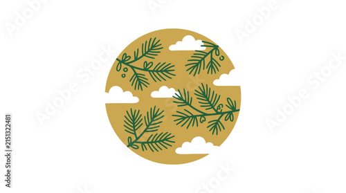 Minimalist Nature Illustration Featuring Green Pine Branches and White Clouds in a Golden Circle