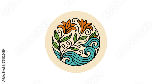 Decorative Circular Illustration Featuring Orange Flowers and Blue Ocean Waves with Green Leaves in a Nature-Inspired Design