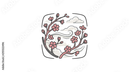 Elegant Japanese Sakura Cherry Blossom Branch Illustration with Soft Clouds and Wind in a Rounded Square Frame
