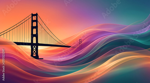 Abstract fluid gradient waves wallpaper featuring the Golden Gate Bridge silhouette