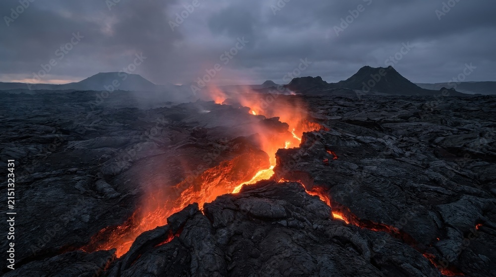 Fototapeta premium Molten lava flows through volcanic rock fissures under a cloudy sky