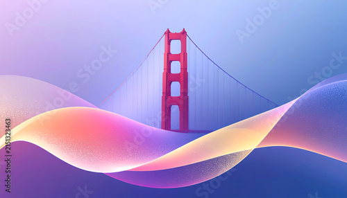 Abstract fluid gradient waves wallpaper featuring the Golden Gate Bridge silhouette