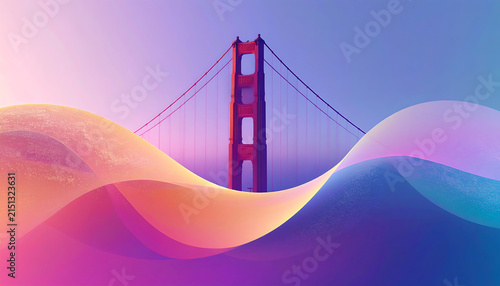 Abstract fluid gradient waves wallpaper featuring the Golden Gate Bridge silhouette