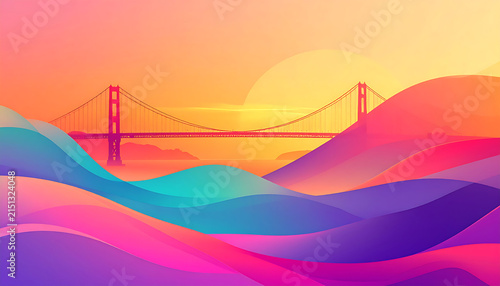 Abstract fluid gradient waves wallpaper featuring the Golden Gate Bridge silhouette