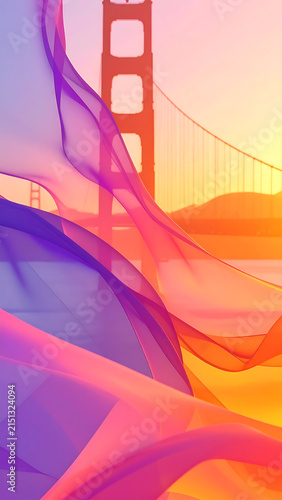 Abstract fluid gradient waves wallpaper featuring the Golden Gate Bridge silhouette