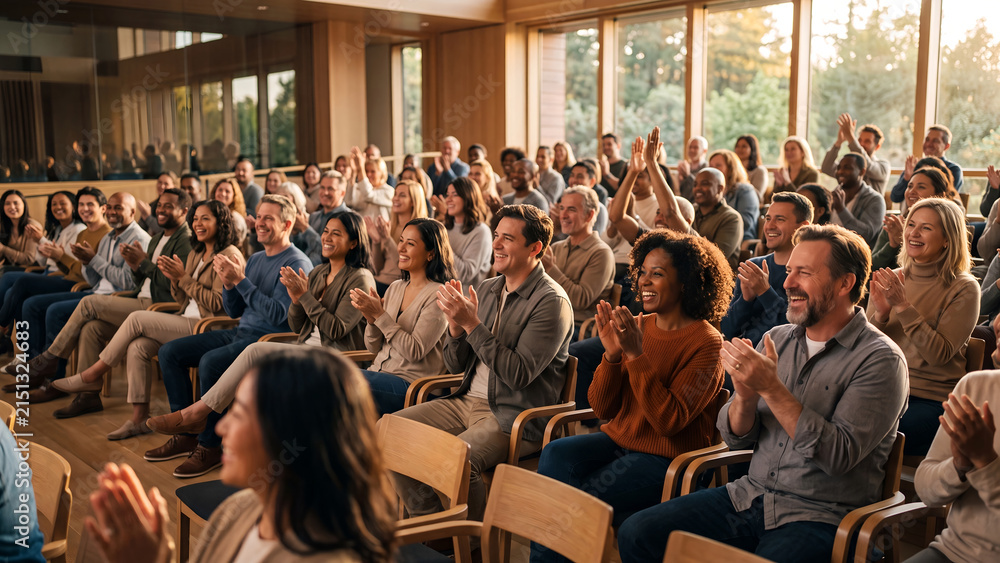 Obraz premium Large crowd of people clapping in an audience perfect for corporate seminars and event celebration concepts