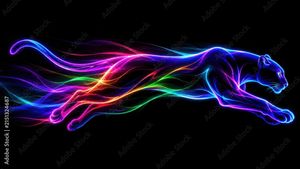 Obraz premium Neon panther running with colorful light trails on black background