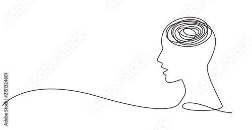 Head with confused thoughts one line art animation, hand drawn continuous contour drawing motion. Mental health concept, muddled feelings, worry and anxiety online, template outline.4k self-drawing,4k