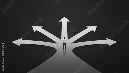 Man stands at a crossroads with multiple diverging paths and arrows