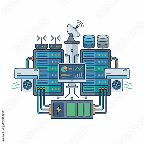 Cloud network architecture utilizes satellite communication and advanced monitoring screens to manage large databases while maintaining thermal regulation for hardware stability.